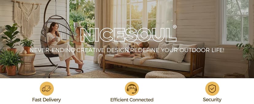 NICESOUL Hanging Egg Chair with Stand Indoor Outdoor, Comfy Patio Rattan Swing Hammock Chairs with Cushion, 350lbs Capacity Egg Shaped Chair for Lawn Backyard Balcony Bedroom, Birthday Gift, Beige