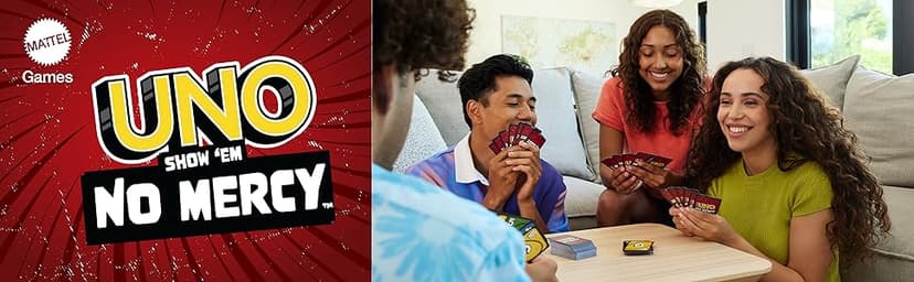 Mattel Games UNO Show ‘em No Mercy Card Game in Storage & Travel Tin for Kids, Adults & Family Night with Extra Cards, Special Rules & Tougher Penalties (Amazon Exclusive)
