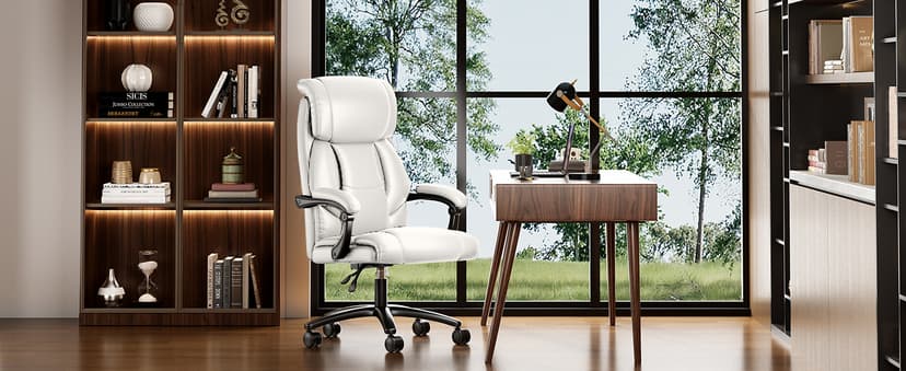 Ollega Reclining Office Chair, Executive Big and Tall Office Chair with Wide Seat, Recliner Leather High Back Computer Desk Chairs (White)