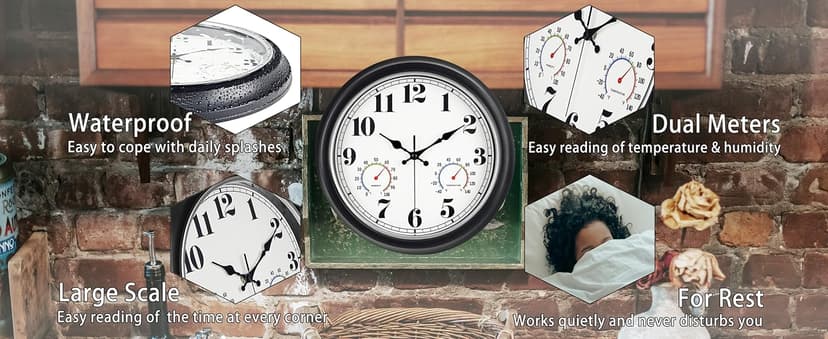 45MinST 13-Inch Vintage Outdoor Wall Clock with Thermometer and Hygrometer, Waterproof, Large Numbers, Silent, for Indoor and Outside Use,Porch,Garden,Pool(Black Frame with Silver Trim)