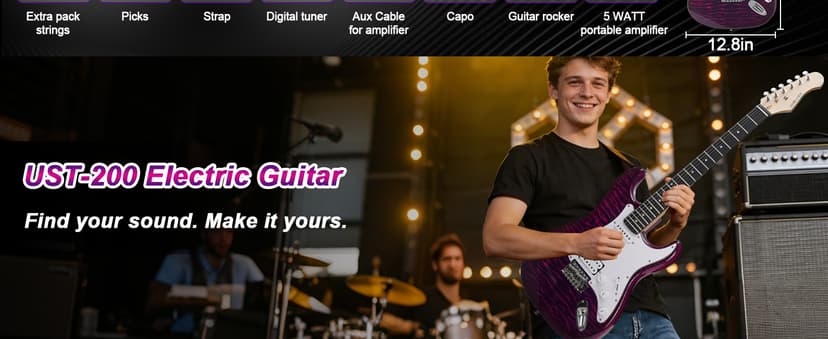 UST-200 Beginner Electric Guitar Kit HSS Pickup, Versatile 5-Way Switch for Clean to High-Gain Tone, Full-Size ST Style Guitar for Starter & Intermediate Players, Gig Bag, Digital Tuner Purple