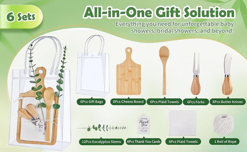 55Pcs Baby Shower Prizes for Game Winners 6 Sets Bamboo Cheese Board Spoon Fork Butter Spreaders Plaid Towel Thank You Card and Gift Bags for Baby Shower Wedding Bridal Shower Favors
