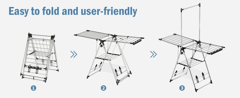 APEXCHASER Clothes Drying Rack with High Hanger, Foldable 3-Level Drying Racks with Shoe Rack, Crossbar and Vertical Rod Laundry Stand with Adjustable Wings Silver