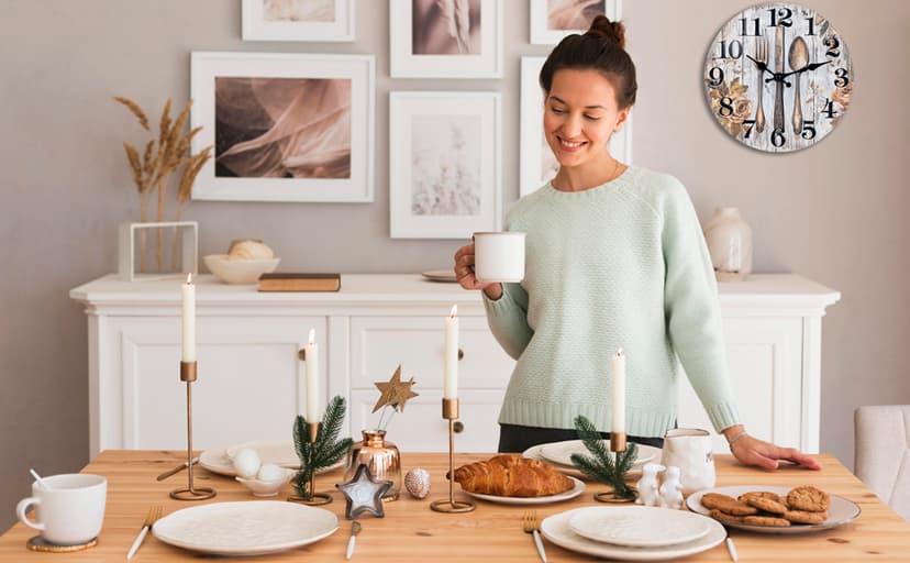 Keepcross Kitchen Wall Clock Fork & Spoon Cutlery Theme Rustic Modern Farmhouse Decor Glass Clock for Kitchen, Dining Room - 8 Inch, Battery Operated