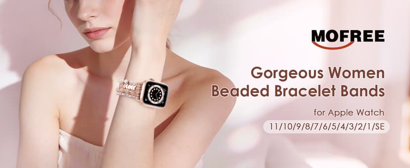 MOFREE Beaded Bracelet Compatible with Apple Watch Band 38mm/40mm/41mm/42mm, Fashion Elastic Stretch Women Bands for iWatch Series 11/10/9/8/7/SE/6/5/4/3/2/1 iPhone Watch Strap Bands Rose Gold