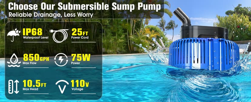 Pool Cover Pump above Ground, Submersible Water Sump Pump Swimming Water Removal Pumps,Submersible Pump for Pool Draining,Pool Pump 16FT Drainage Hose,25 FT Extra Long Power Cord, 850 GPH,4 Adapters