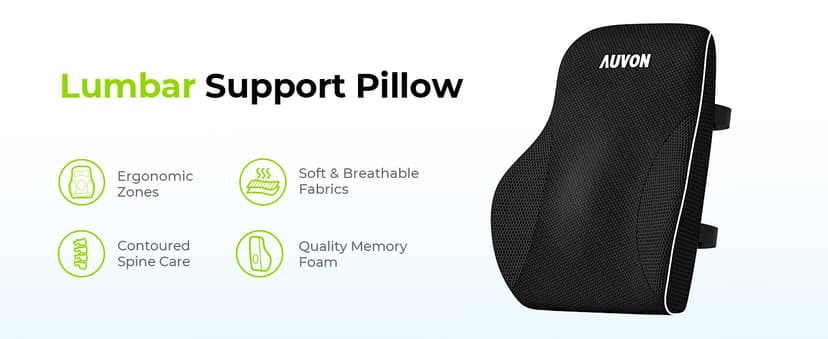 AUVON Lumbar Support Pillow for Office Chair with Patented Bulge for Lower Back Support, Ergonomic Office Home Essentials Improve Posture, Memory Foam Chair Cushion with Straps for Home, Office, Car