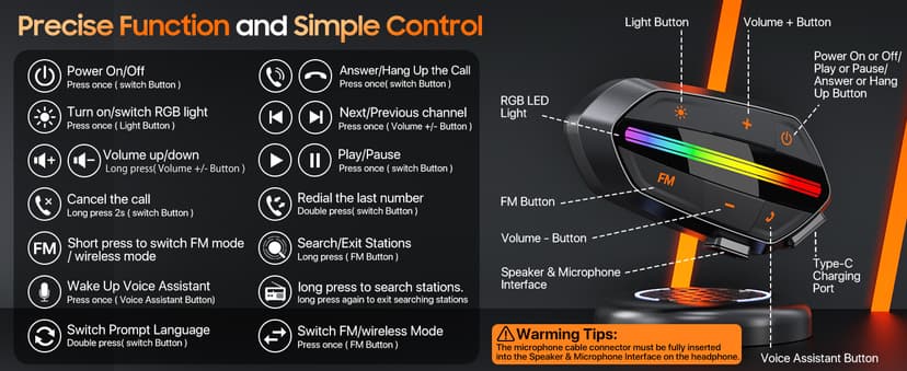 Motorcycle Bluetooth Headset, Bluetooth 5.3 Helmet Speakers with Loud Sound, RGB Lights & 1000mAh Battery, Noise Cancelling Helmet Bluetooth Headset for Drivers, IPX6 Waterproof Motorcycle Headphones