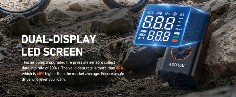For Car Tires, Bikes, Motorcycles and Balls; Auto Shut-off, Digital Display Pressure Gauge, Fast Inflation, LED Light AstroAI L7 Tire Inflator Portable Air Compressor,150 PSI Cordless Bike Pump B0CS3B7MD8