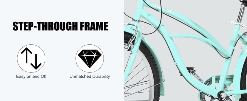 Women Bike, 26 Inch Beach Cruiser Bike, 7 Speed Commuter Bicycle with Ergonomic Upright Frame, Full Front & Rear Fenders (Green/Black/Red)