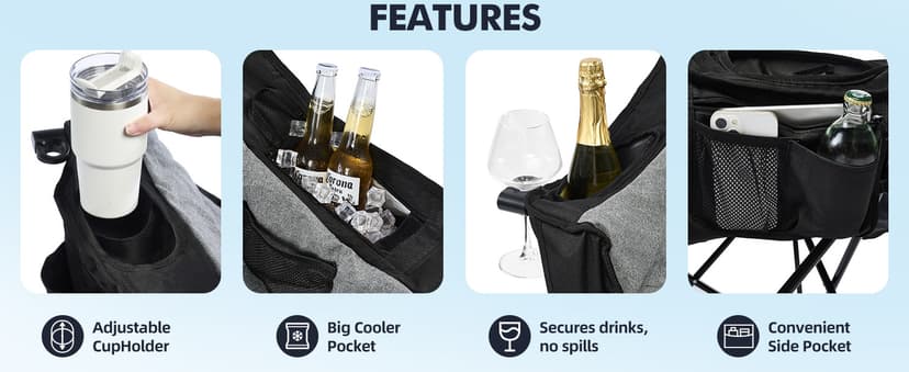 Oversized Camping Chairs for Adults - Heavy Duty Padded Outdoor Folding Lawn XL Camp Chair with Cup Holder Cooler Pockets for Outside Sports Beach Fishing Garden Portable Supports 500lbs, Black