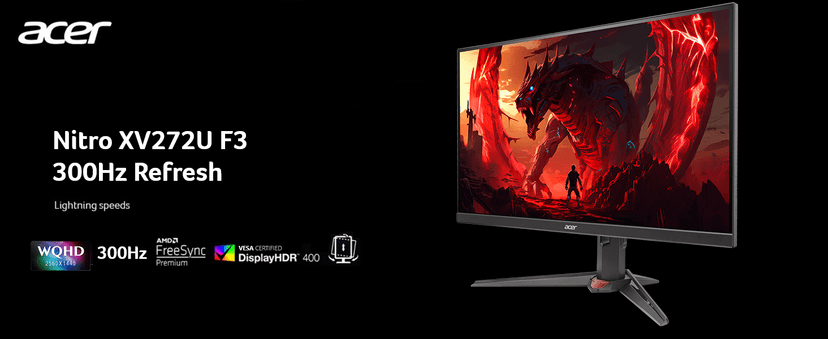 Acer Nitro 27" WQHD 2560x1440 IPS PC Gaming AMD FreeSync Premium | 300Hz | Up to 0.5ms | 99% sRGB | DisplayHDR 400 | ErgoStand | VESA Mounting | 1 x DP 1.4 & 2 x HDMI 2.1 | XV272U F3bmiiprx