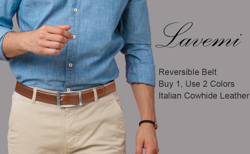 Lavemi Mens Belt Reversible 100% Italian Leather Dress Casual,One Reverse for 2 Colors,Trim to Fit