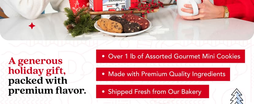 David's Cookies Happy Holidays Mini Cookies in Sweet Sampler Tin - Assorted Mini Christmas Cookies with Chocolate & White Chocolate Chip and Red Velvet - Gourmet Cookie Gift Basket for Christmas 14oz