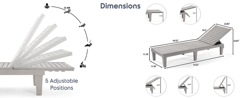 Nestl Patio Chairs - Black Chaise Lounge Chair Outdoor, 5-Position Adjustable Sun Tanning Chair, Waterproof Pool Lounge Chairs Set of 2, Reclining Lawn Chair, Lightweight Outdoor Lounge Chairs