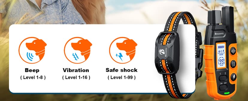 Bousnic Dog Shock Collar - 3300Ft Dog Training Collar with Remote for 5-120lbs Small Medium Large Dogs Rechargeable Waterproof e Collar with Beep (1-8), Vibration(1-16), Safe Shock(1-99) (Orange)
