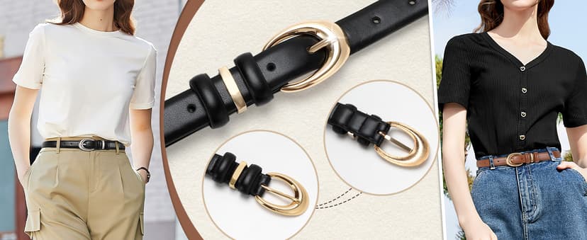 TRIWORKS 2 Pack Women Leather Belt for Jeans Pants Fashion Ladies Skinny Faux Leather Belt with Gold Buckle