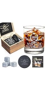 30th Birthday Gifts for Men Whiskey Glass Set - 30th Birthday Decorations, Party Supplies - 30 Year Anniversary, Bday Gifts Ideas for Him, Dad, Husband, Friends - Wood Box & Whiskey Stones & Coaster B0BJCWJDC4
