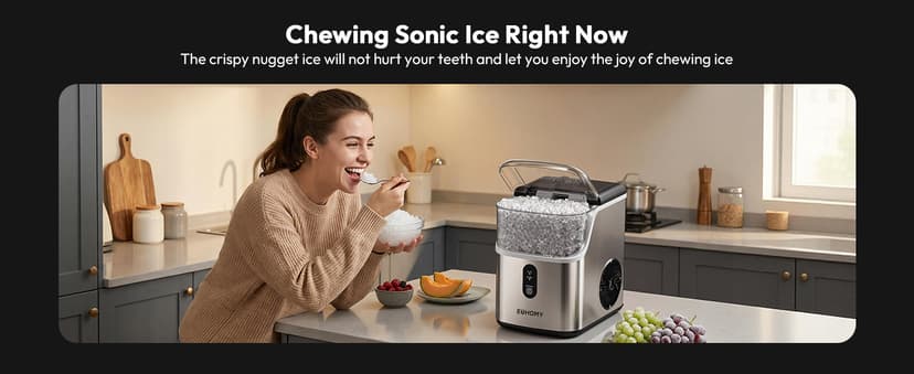 EUHOMY Nugget Ice Maker Countertop, Ready in 7 Mins, 35Lbs/24H Pebble Ice Maker Machine, Self-Cleaning Countertop Sonic Ice Makers with Ice Scoop&Basket, Pellet Ice Maker for Home, Stainless Steel