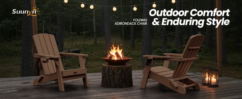 Folding Adirondack Chair, HDPE All-Weather Fire Pit Chairs, Plastic Adirondack Chairs with 2 Cup Holder, Outdoor Lawn Chair for Patio Garden (Black)