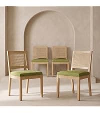 OVENTA Modern Armless Dining Chairs Set of 4, Mid-Century Contemporary Side Chairs with Solid Rubber Wood Legs, Beige Upholstered Fabric Accent Chairs for Dining Room, Kitchen, Living Room