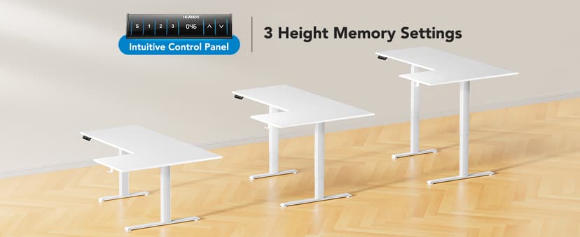 HUANUO L-Shaped Standing Desk, 63 x 40 inch Dual Motor Corner Standing Desk, Electric Height Adjustable Computer Desk with Cable Tray & 3 Preset Heights, Raising Desk for Home Office, White, HNESD109