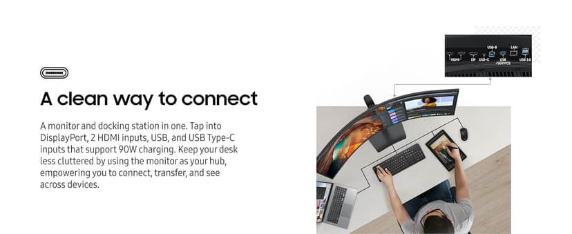 Samsung 49” Business Curved Ultrawide Dual QHD Computer Monitor, USB-C, DisplayPort, HDMI, 120Hz, VESA DisplayHDR 400, Built-in Speakers, Height Adjustable Stand, Eye Care, LS49C954UANXZA, 2024