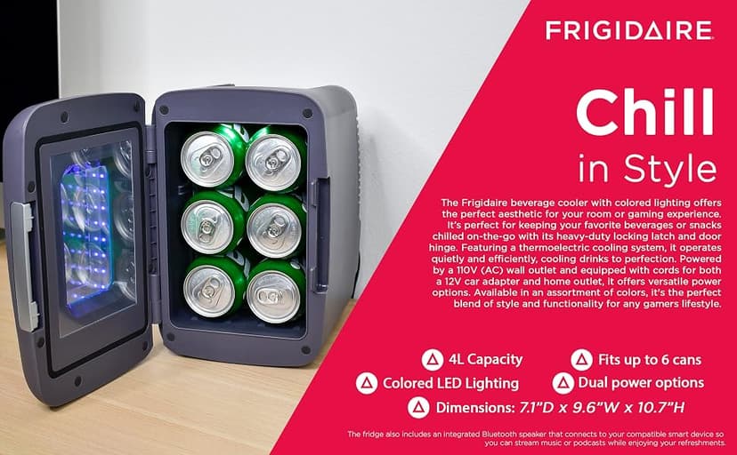 Personal Fridge Cooler, LED Light Door, Perfect for Gaming, Home, Office, or Car, Includes AC and 12V Car Charger Frigidaire, Mini Fridge Cooler, Holds Up to 6 Cans, B0BGYK6SVQ