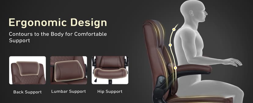 Home Office Chair with Lumbar Support, 5" Thickened Seat, Small PU Leather Rocking Desk Chair, Comfy Computer Chairs with Rolling Wheels & Adjustable Armrests for Adults, Brown