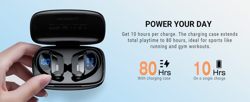 occiam Sport Wireless Earbuds Bluetooth Headphones 80hrs Playtime Deep Bass Ear Buds with Earhook Noise Cancelling Mic Waterproof Earphones for Workout Running Black