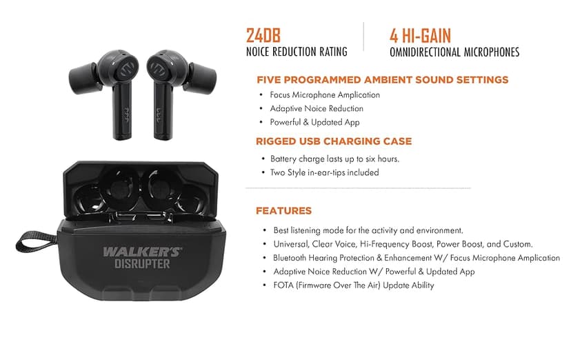 Walker's Disrupter Bluetooth Earbuds - Hunting Range Shooting Active Lifestyle Ear Protection Hearing Enhancement Noise-Cancelling Rechargeable Wireless Electronic Earbuds - FDE