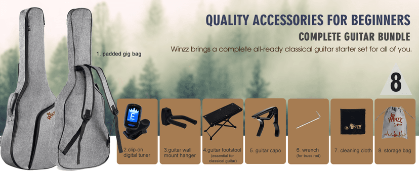 Winzz Classical Guitar 4/4 Adult Classical Guitar for Beginners 39 Inches Brown