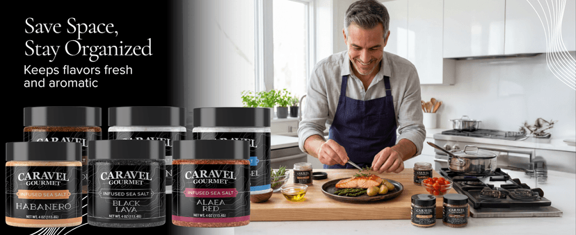Infused Sea Salt Sampler Set, Finishing Salt for Seasoning, Gourmet Cooking Gift and Spice Variety Pack for Special Occasions, 0.5 oz x Bundle of 6 Flavored Salts - Caravel Gourmet Salt
