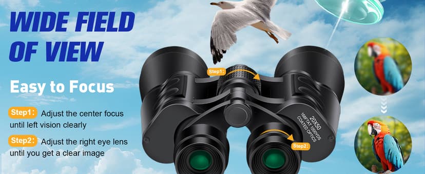 20x50 High Powered Binoculars for Adults, Clear Durable Binoculars for Bird Watching Sightseeing Wildlife Watching Travel Hunting Football Games Stargazing with Carrying Case & Strap