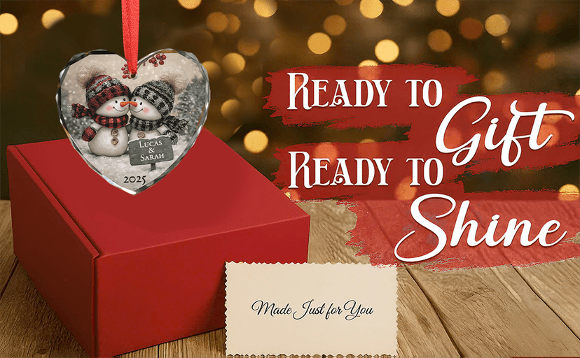 Noni Personalized Couple Heart Glass Ornament, Custom Names Printed and Year 2025, Snowman Couple Art Clear Faceted Tree Keepsake, Gifts for Couples, Gifts for Christmas