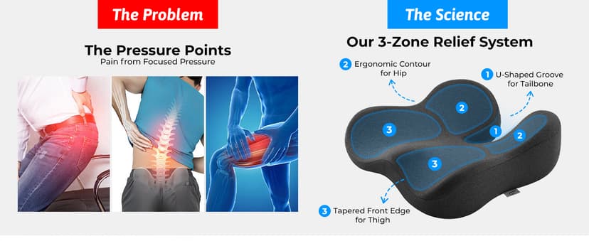 Seat Cushion for Tailbone & Sciatica Pain Relief – Certified & Ergonomist-Designed – Tapered Front Edge Reduces Thigh Pressure – Wide Memory Foam for Office Chair, Car, Wheelchair (Gray)