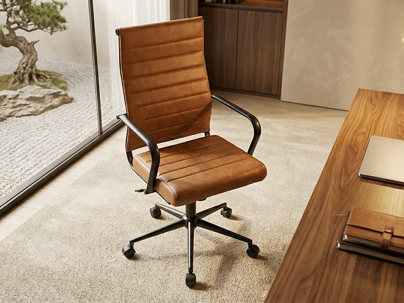 Okeysen Leather Office Desk Chair, Mid-Century Modern Leather Conference Room Chairs, Ergonomic Executive Ribbed Height Adjustable Swivel Rolling Chair for Home Office.