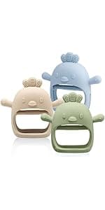 2 Pack Baby Teething Toy Silicone Teething Mitten for Babies Over 3 Months Anti Dropping Wrist Hand Teethers Baby Chew Toys for Sucking Needs, BPA Free (Green & Caramel)