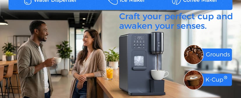 3-in-1 Water Dispenser with Ice Maker - Coffee Maker Countertop Bullet Ice Maker with 12H Timer, Hot/Cold/Warm Adjustable Volume Water, K-Cup® Ground Coffee Brewer for Home Office Studio Gift