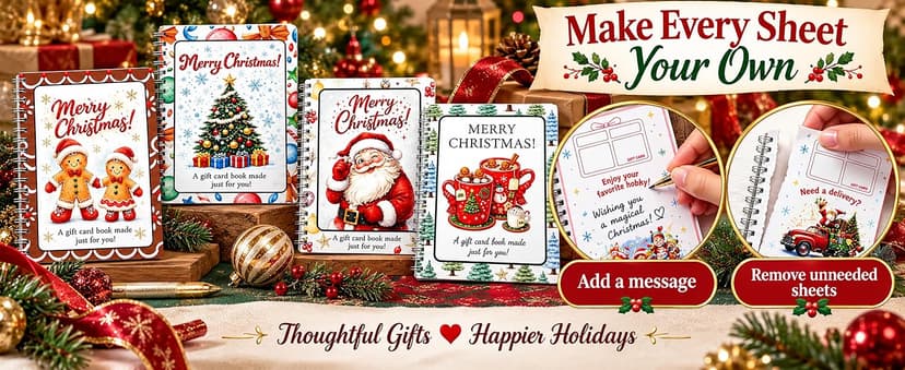 4 spiral-bound Christmas gift card books in 4 designs; each has 10 interior sheets plus front and back covers. DOTH Christmas Gift Card Book, 4 Pack, Spiral Bound for Holiday Gift Giving B0HJCRRFKL
