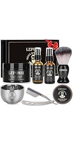 Shaving Kit for Men, Include Safety Razor, Sandalwood Cream, Aftershave, Pre Shave Oil, Shaving Brush and Bowl, Shaving Apron Bib -Unique Gifts for Him Stocking Stuffers