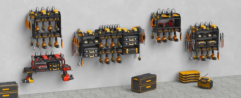 CCCEI Modular Power Tool Organizer Wall Mount with Charging Station. Garage 4 Drill Storage Shelf with Hooks, Screwdriver, Drill Bit Heavy Duty Rack, Tool Battery Holder Built in 8 Outlet Power Strip.