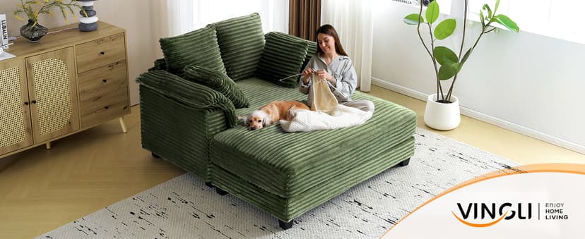 VINGLI Lounge Chair, 56" Oversized Reading Chair Corduroy Chaise Sofa Recliner Bed Upholstered Comfy Sleeper Couch with Throw Pillows and Armrests for Living Room, Movie Room, Bedroom