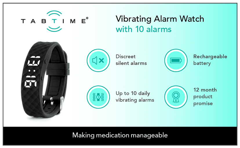 Tabtime Vibrating Alarm Reminder Watch - with up to 10 Personal Alarms or Pill Reminders per Day