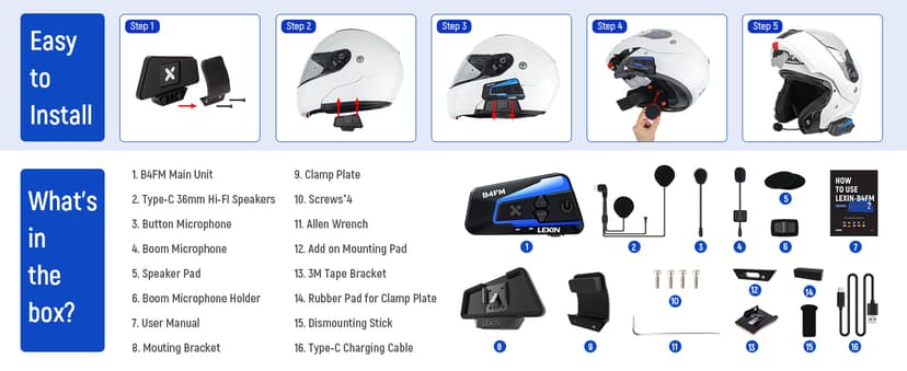 LEXIN B4FM Motorcycle Bluetooth Headset, 10 Riders Helmet Bluetooth Intercom, Universal IP67 Communication Systems with Music Sharing, Noise Cancellation, FM Radio, Fit for Snowmobile, 1 Pack