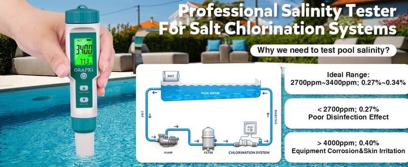 Pool Salt Tester ORAPXI pH and Salt Meter for Saltwater Pool pH and Salinity Digital Tester 5 in 1 Salt Meter for Swimming Pools Hot Tubs and Swim Spas