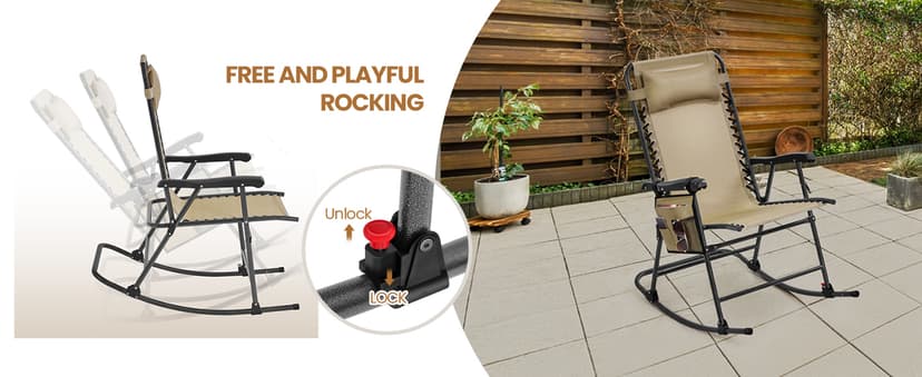 Yaheetech 26in Rocking Chair Outdoor Zero Gravity Folding Chairs Rocking Chairs Foldable Outdoor Reclining Lounge Chair for Outside Lawn with Cupholder/Pillow Ergonomic Design for Rest, Beige