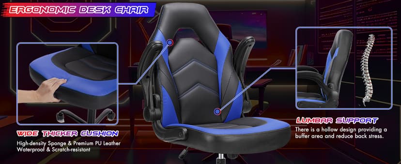Sweetcrispy Computer Video Game Chair - Ergonomic Home Office with Comfy Lumbar Support, PU Leather Height Adjustable with Flip-up Armrest and 360° Swivel Wheels, Blue, for Adults, Teens