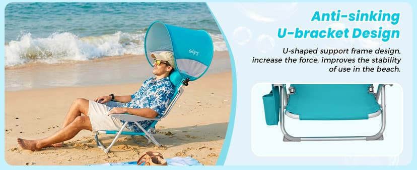 #WEJOY Beach Chair with Canopy Shade, Reclining Adjustable 4 Position, Lay Flat Lightweight Folding Portable Aluminum Chair with Backpack Straps,Padded headrest, Heavy Duty 400lbs Lawn Chair for Beach