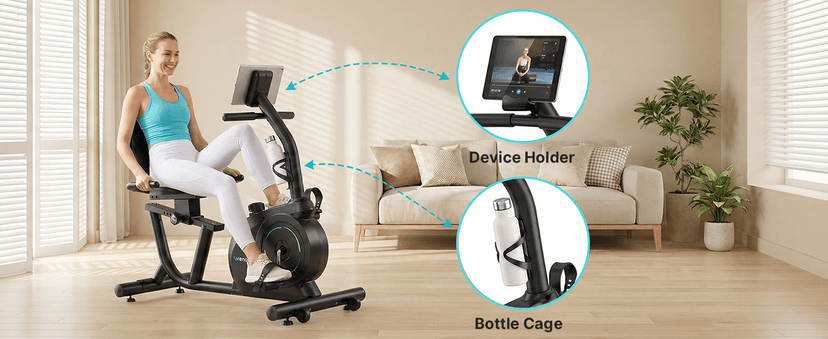 Recumbent Exercise Bike for Home, Quiet Recumbent Stationary Bike with App Sync, 16-Level Magnetic Resistance, Adjustable Seat & LCD Monitor for Adults and Seniors